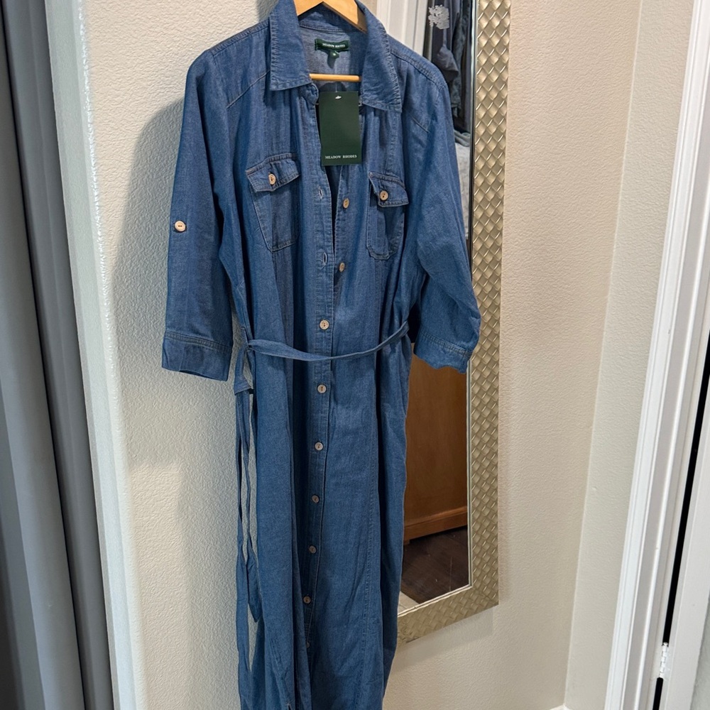 Classic Blue Denim Shirt Dress with Tie Waist - Picture 4 of 7